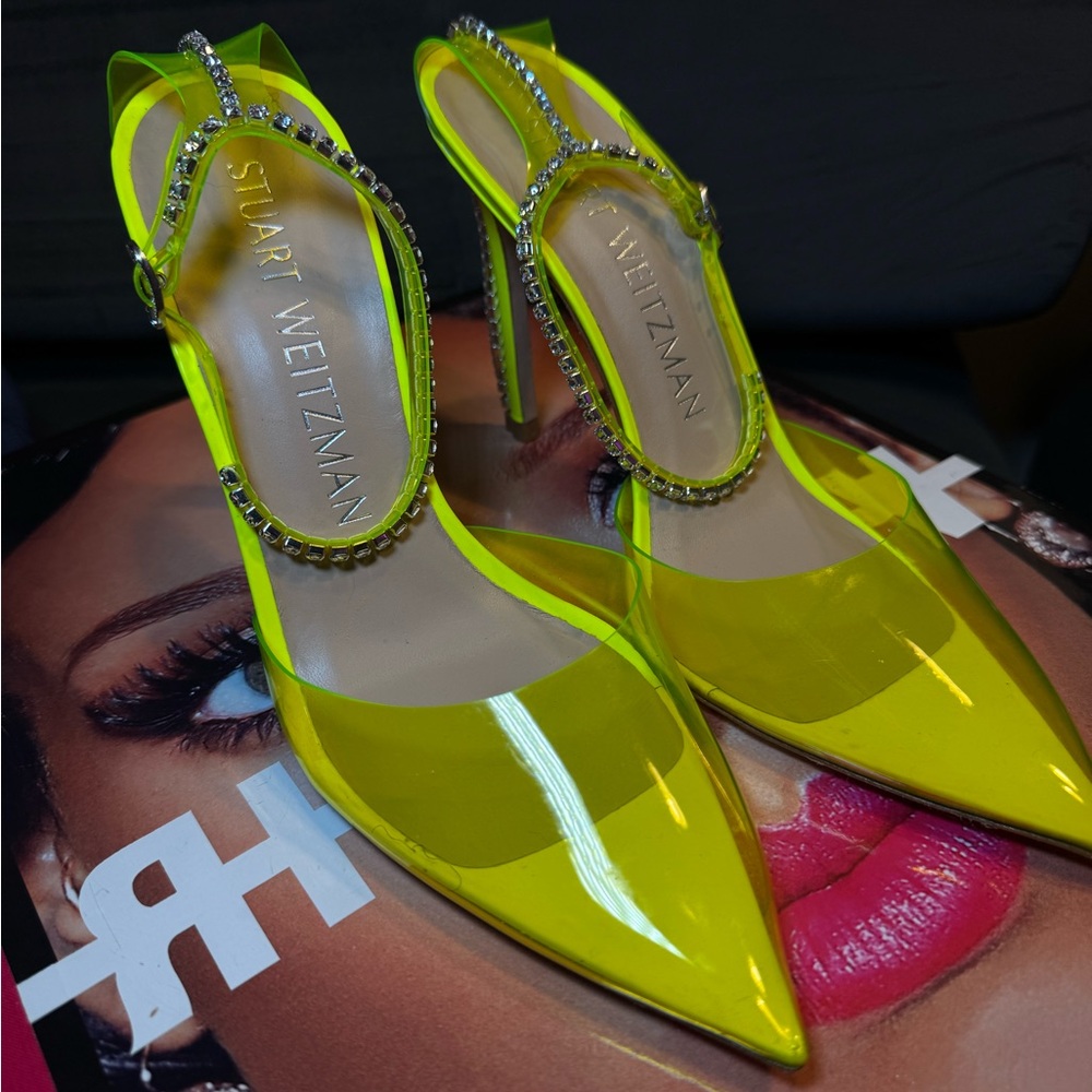 Stuart Weitzman Glam Neon Yellow Crystal Heels - Picture 4 of 9